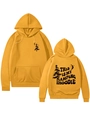 Front and back views of a ginger camping hoodie with forest graphics and pocket - Ginger Yellow
