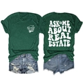 Detail view of dark green T-shirt with double-sided real estate agent graphic print - Retro Green (White Graphic)
