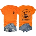 Vorder- und Rückseite des leuchtend orangen Baumwoll-T-Shirts mit coolen Skelett-Prints - S / Oberteile / Orange