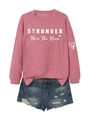 Detail of pink crewneck sweatshirt with STRONGER text and distressed denim shorts set - Rose Gold (White Print)