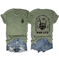 Olivgrünes Mom Life Grafik-T-Shirt mit Rock-Hand-Designs auf Vorder- und Rückseite - S / Oberteile / Olivgrün