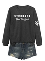 Detail of grey STRONGER crewneck sweatshirt and distressed denim shorts outfit set - S / Marl Grey