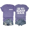 Detail of purple cotton blend t-shirt with retro Memaw era graphic print and denim shorts - Purple (White Graphic)