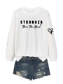 Detail of white crewneck sweatshirt with STRONGER print and distressed denim shorts set - S / White