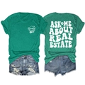 Detail of green T-shirt with Ask Me About Real Estate double-sided graphic prints - Dark Green (White Graphic)