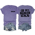 Front and back view of purple In My Memaw Era t-shirt paired with denim shorts - Purple (Black Graphic)