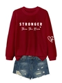 Detail of red crewneck sweatshirt with Stronger letter print and distressed denim shorts - Burgundy
