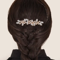 Elegant gold alloy hair comb with rhinestones and pearls on braided brown hair - Large Rhinestone Hair Comb