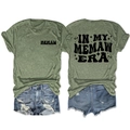 Flat lay detail of olive green Memaw Era T-shirt and distressed denim shorts set - Olive Green (Black Pattern)