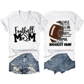 Front and back view of white V-neck Football Mom t-shirt with distressed denim shorts - S / Black Printed / White