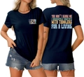 Vue avant et arrière du t-shirt en coton bleu foncé avec imprimés de slogans humoristiques - S / Bleu Marine