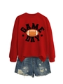 Détail du sweat rouge Game Day avec imprimé football et short en jean effiloché - S / Rouge Vif (Graphique Noir)