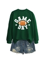 Detail of vintage Game Day print and football graphic on a green crewneck sweatshirt - Dark Green (White Graphic)