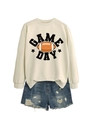 Detail of Game Day graphic sweatshirt with retro football print and distressed denim shorts - Sand (Black Print)