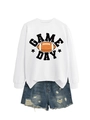 Close-up of white crewneck sweatshirt with vintage Game Day football graphic and stars - White (Black Print)