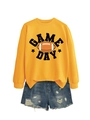 Flat lay of yellow Game Day crewneck sweatshirt with vintage football print and denim shorts - Yellow (Black Print)