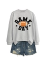 Detailed view of grey sweatshirt with Game Day rugby print and distressed denim shorts set - Grey (Black Graphic)