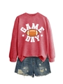 Flat lay of red Game Day crewneck sweatshirt paired with distressed denim shorts - Red (White Print)