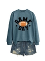 Blue-grey Game Day crewneck sweatshirt with football graphic and distressed denim shorts - Blue (Black Graphic)