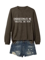 Flat lay of brown long sleeve sweatshirt with white slogan print and ripped denim shorts - Coffee