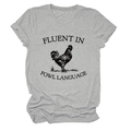 Detail of grey crewneck T-shirt showing rooster print and Fluent In Fowl Language text - S / Light Gray