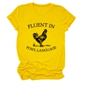 Detail of yellow cotton t-shirt with black rooster print and fluent in fowl language text - S / Yellow