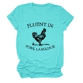Detail of teal cotton T-shirt featuring a black rooster and Fluent In Fowl Language text - S / Deep Water Blue