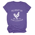 Detail of purple cotton T-shirt featuring white silk screen rooster print and humorous text - S / Purple (White Print)