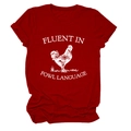 Close-up of red cotton T-shirt featuring Fluent in Fowl Language rooster graphic print - S / Red