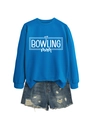 Close-up of blue long sleeve sweatshirt featuring white Bowling Mom graphic and heart - Lake Blue (White Font)