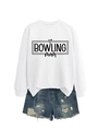 Detailed flat lay of white bowling mom sweatshirt with blue distressed denim shorts - White (Black Font)
