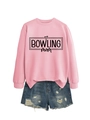 Detail of pink Bowling Mom sweatshirt with distressed denim shorts on white background - Pink (Black Print)