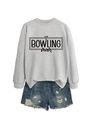 Flat lay of a grey Bowling Mom sweatshirt paired with distressed denim shorts on white - Grey (Black Font)