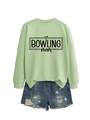 Flat lay of a green long-sleeved sweatshirt with BOWLING mom print and denim shorts - Olive Green (Black Font)