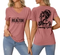 Vorder- und Rückansicht eines rosa V-Ausschnitt T-Shirts mit Realtor Life Aufdruck - S / Roségold (Schwarzer Druck)