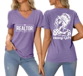 Vorder- und Rückseite des lila V-Ausschnitt T-Shirts mit Realtor Life und Home Girl Print - S / Lila (Weißer Druck)