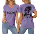 Vorder- und Rückansicht des lila V-Ausschnitt T-Shirts mit Realtor Life Grafikdesign - S / Lila (Schwarzer Druck)
