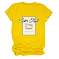 Close-up of bright yellow T-shirt featuring vintage Parker Knoll wine label print - Yellow