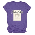 Detailed close-up of a purple crew neck t-shirt featuring a vintage wine label graphic print - Purple
