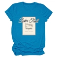 Close-up of Parker Knoll 1993 vintage wine label print on teal cotton T-shirt fabric - Lake Blue