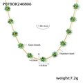 Bohemian floral necklace with green glass beads and gold titanium steel chain - Necklace-Green