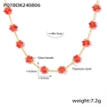 Titanium steel necklace with red and pink glass bead flowers in an 18k gold finish - Necklace-Red