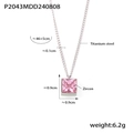 Pink square zircon necklace with titanium steel chain, geometric pendant dimensions 46+5cm - Silver (P2043)