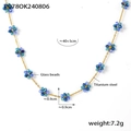 Bohemian floral beaded necklace with green and blue glass beads and titanium steel chain - Necklace-Blue