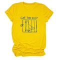 Detail of blue 'GOT TOO SILLY' duck print on a yellow cotton round neck t-shirt - Yellow