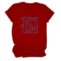 Detail of red crew neck T-shirt featuring a blue Got Too Silly duck graphic print - Red