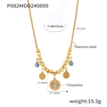Gold titanium steel snake chain necklace with turquoise beads and flat round pendant - Gold Necklace