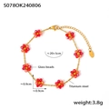 Bohemian beaded flower bracelet in golden titanium steel with pink glass beads - Anklet - Red