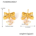 Golden bow stud earrings with zircon pendant made of durable titanium steel - Gold