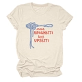 Dettaglio della stampa more spaghetti less upsetti su t-shirt in cotone beige - S / Sabbia